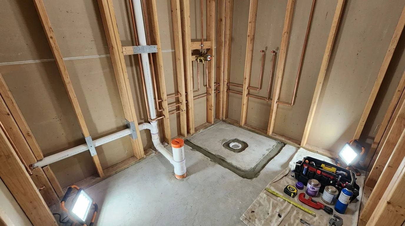 Bathroom rough-in plumbing during remodel by Johns Plumbing LLC in South Portland