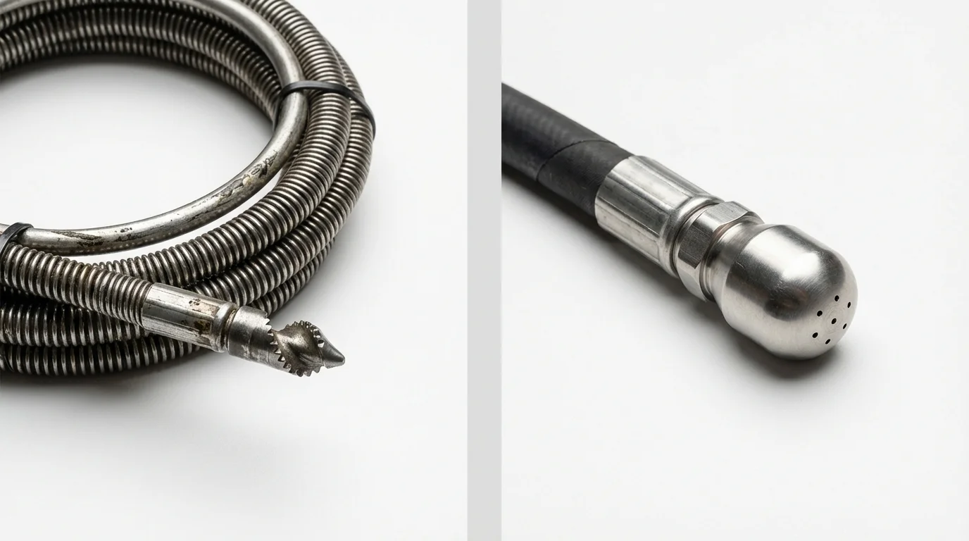 Drain snake cable and hydro jetting nozzle used for drain cleaning in South Portland, ME