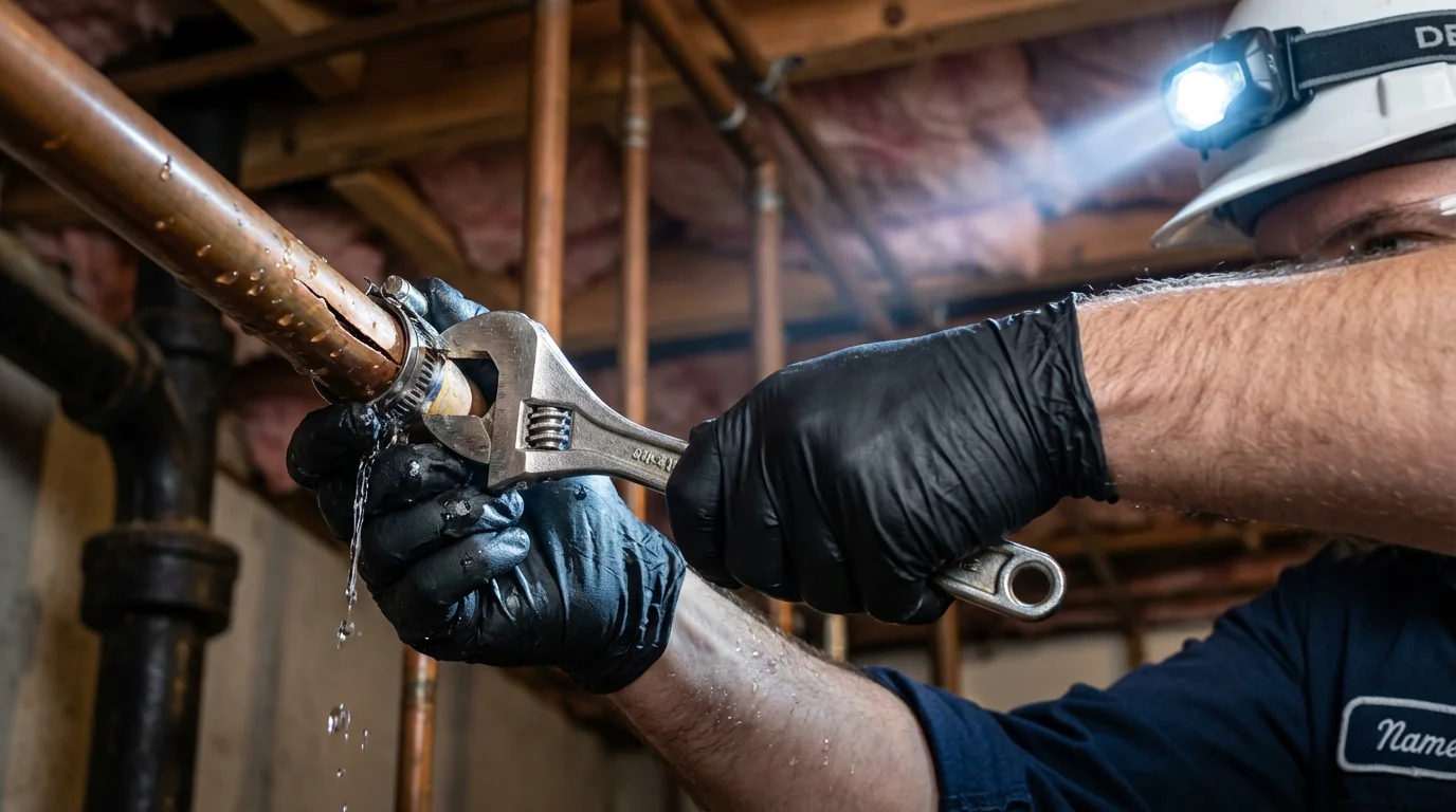 Emergency pipe clamp repair being performed by a Johns Plumbing LLC plumber in South Portland
