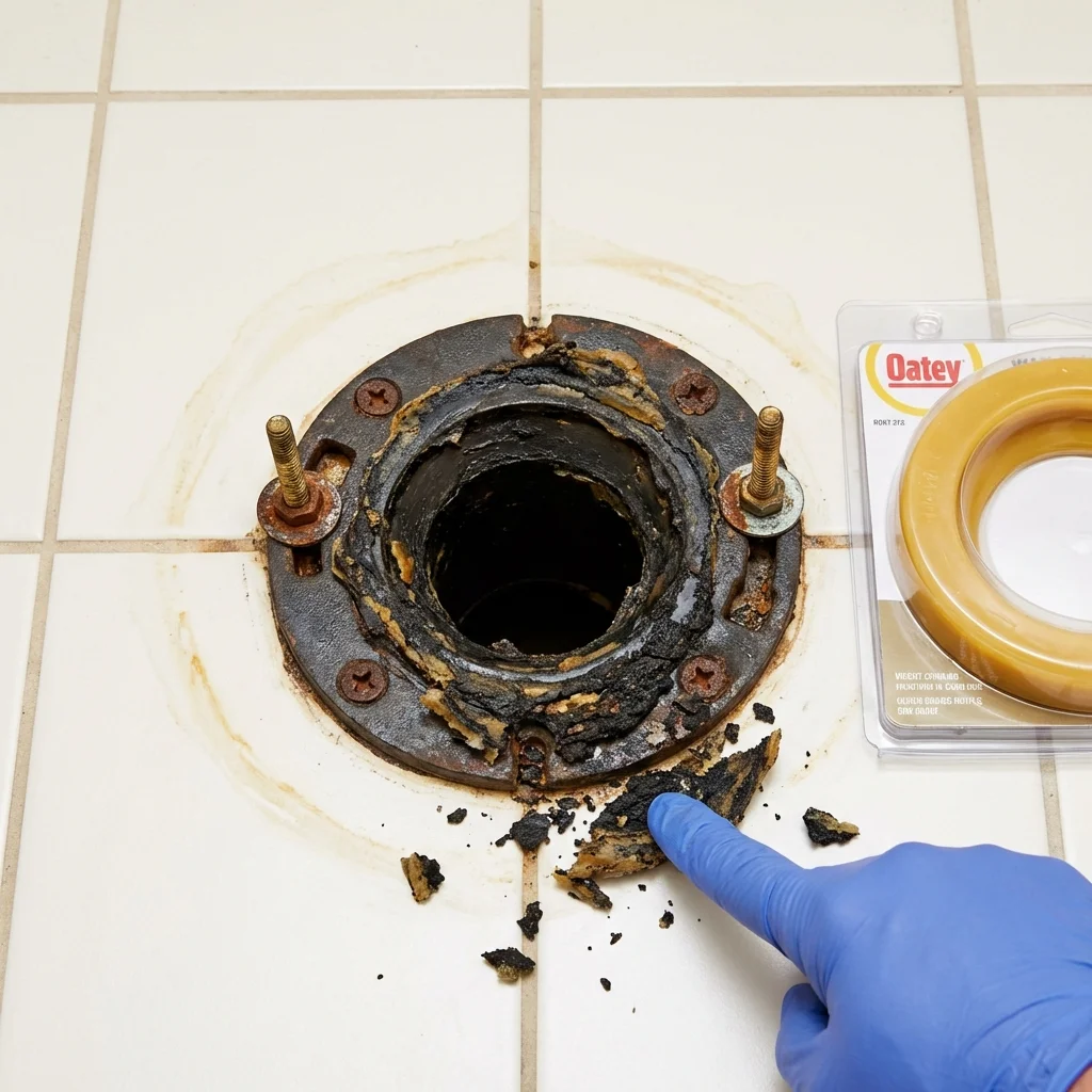 Failed wax ring showing water seepage at the base of a toilet in a South Portland, ME home