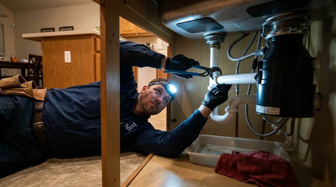 P-trap and supply line connections under a kitchen sink showing a common leak point in South Portland, ME